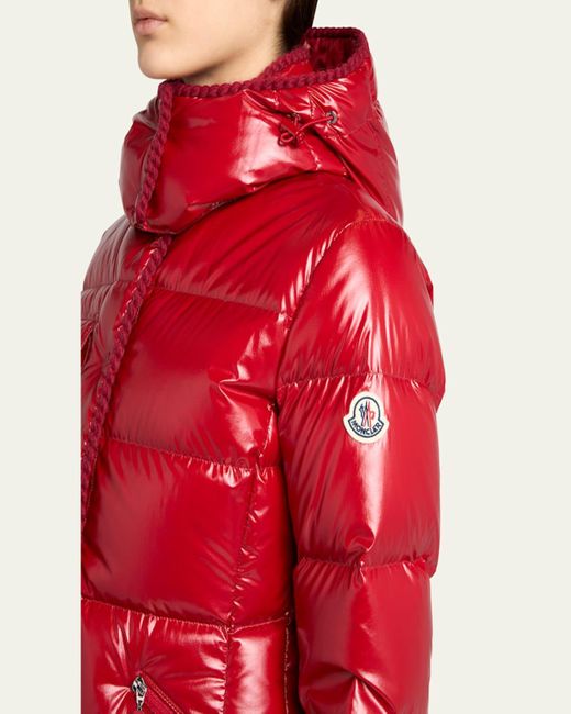 Moncler Red Glareins Hooded Short Down Jacket With Braided Trim