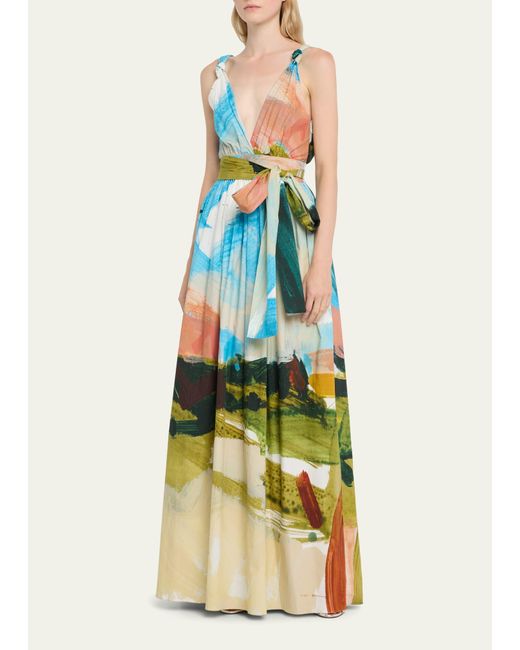 Oscar de la Renta White Plunging Landscape-print Waist-tie Sleeveless Maxi Dress