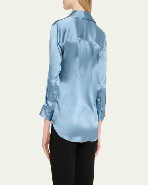 L'Agence Blue Dani Silk Satin 3/4-Sleeve Button-Down Blouse