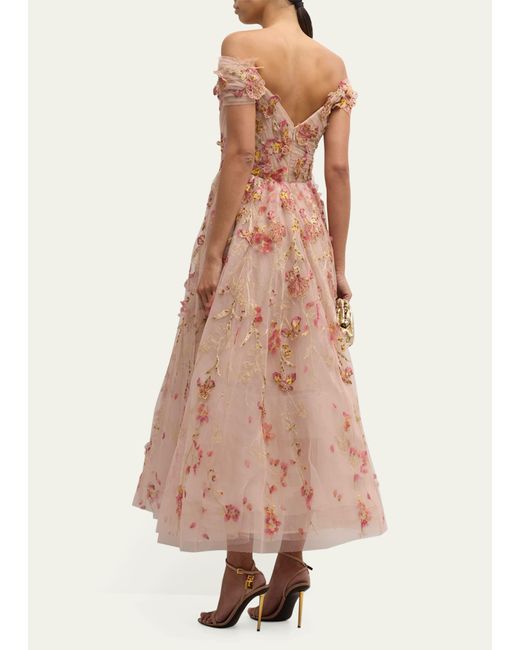 Marchesa Pink Off-shoulder Floral Applique Dress