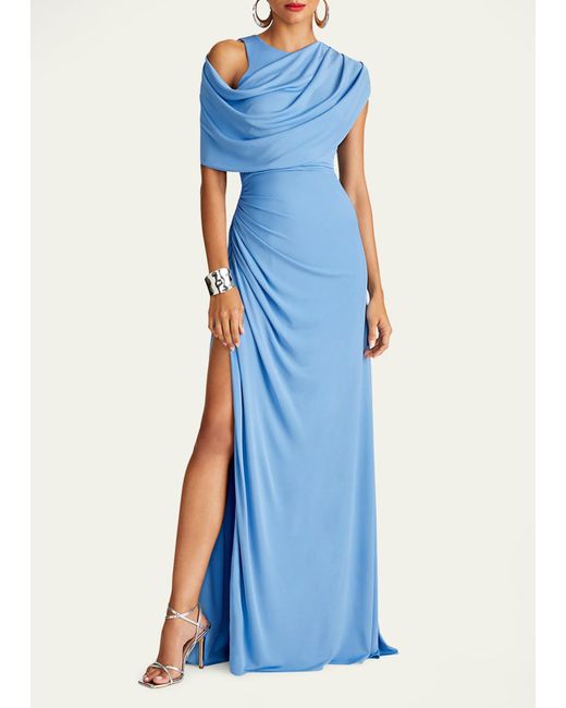 Halston Heritage Blue Casi Side-slit Draped Jersey Gown
