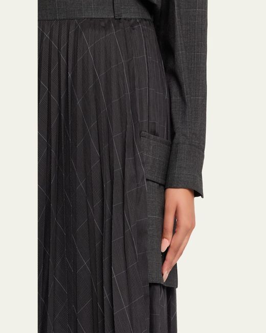 Sacai Black Glen Pleated Check-Print Midi Skirt