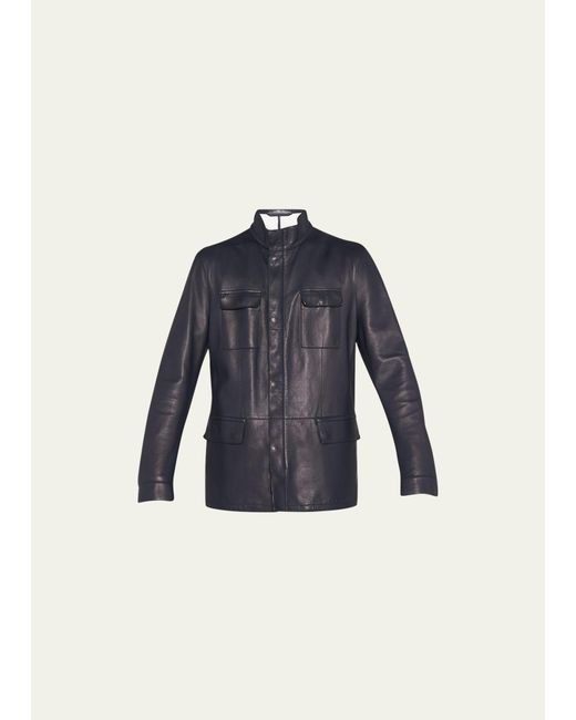 Giorgio Armani Blue Leather Field Jacket for men