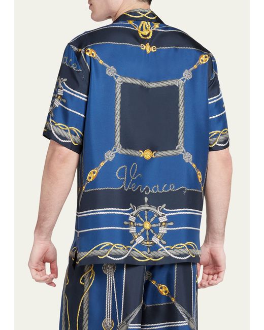 Versace Blue Nautical-print Silk Short-sleeve Shirt for men