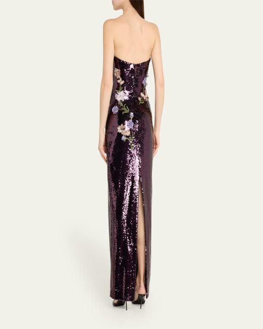 Monique Lhuillier White Strapless Floral-Embroidered Sequin Column Gown