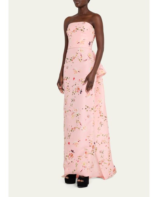 Monique Lhuillier Pink Strapless Floral Gazar Gown With Bustle Train