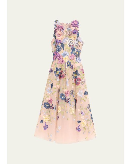 Marchesa Pink Multicolor Floral Embroidered Cocktail Dress With 3d Flower Accents