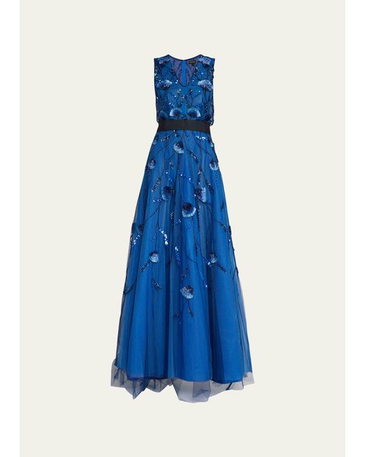 Reem Acra Blue V-neck Embroidered A-line Gown With Black Waistband