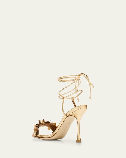 Manolo Blahnik Natural Anista Floral Metallic Leather Sandals