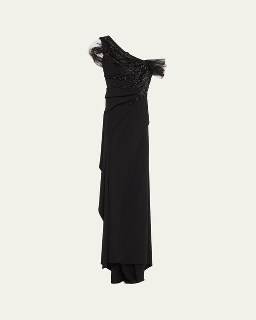 Atelier Prabal Gurung Black Imogen Beaded Tulle Draped Gown