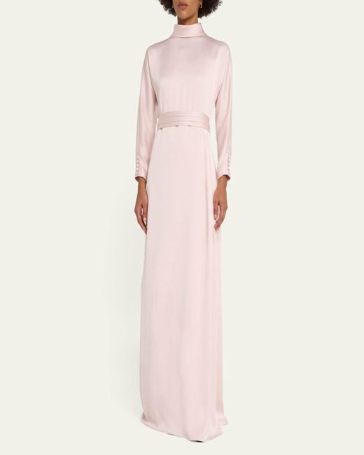 Teri Jon Pink Mock-Neck Crepe Back Satin Gown