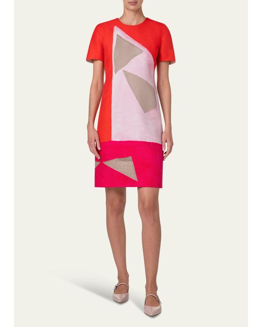 Akris Pink Spectra-print Short-sleeve Cotton Silk Double-face Sheath Dress