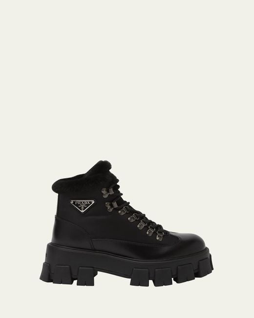 Prada Women's Black Monolith Nylon Shearling Hiker Boots
