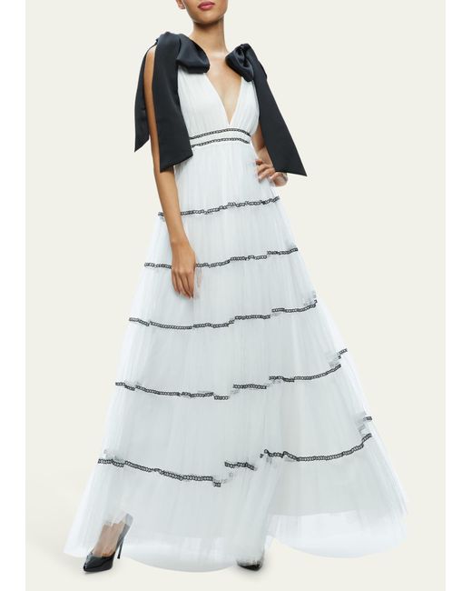 Alice + Olivia Natural Jessalynn Bow Strap Tiered Maxi Gown