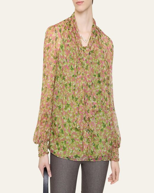 Burberry Green Lila Floral Silk Scarf-Tie Blouse