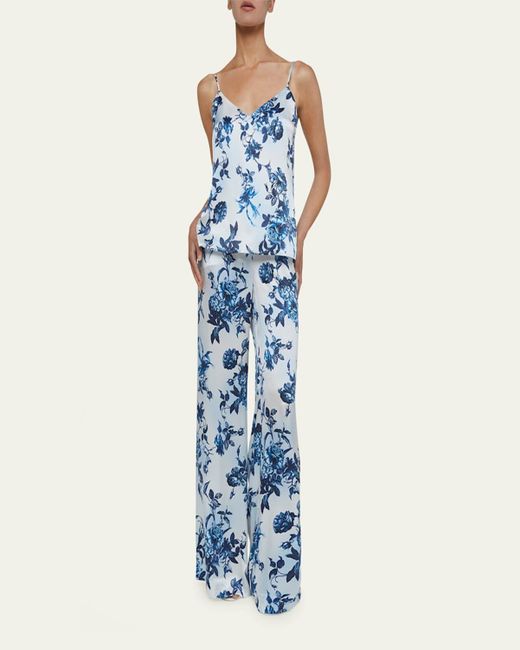 L'Agence Blue Painterly Floral Jane Spaghetti-Strap Top