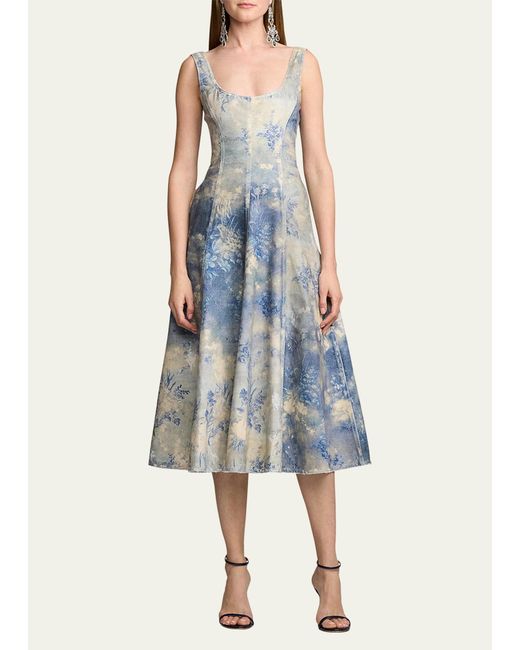 Ralph Lauren Collection Blue Tarian Floral-print Sleeveless Lace-up Denim Midi Dress