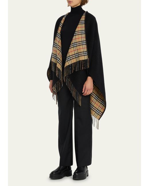 Burberry Black Vintage-style Check Fringed Wool Cape