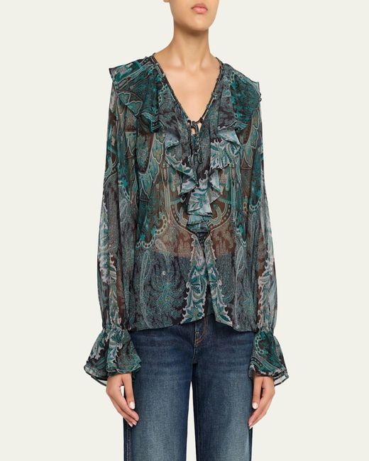 Kobi Halperin Blue Locke Ruffle Tie-Neck Blouse