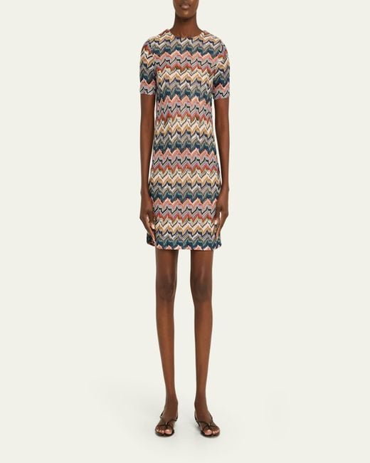 Missoni White Metallic Zigzag Short-Sleeve Mini Dress