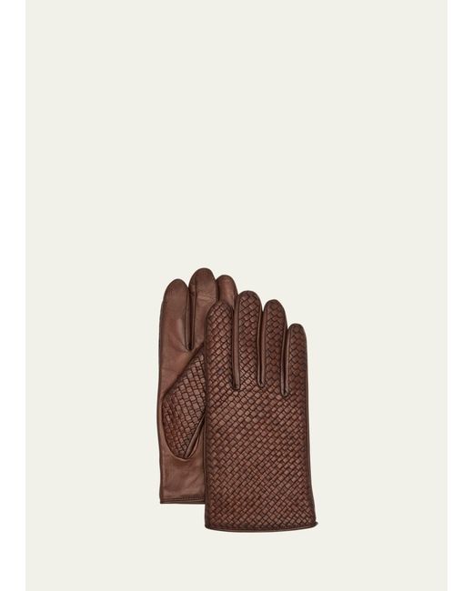 Agnelle Brown Woven Patina Leather Gloves for men