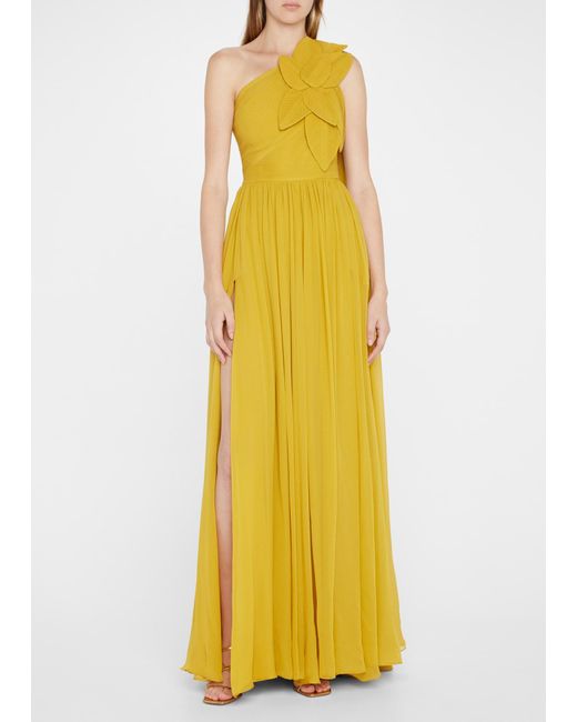 Elie Saab Plunging Ruffle-shoulder Gown in Yellow | Lyst