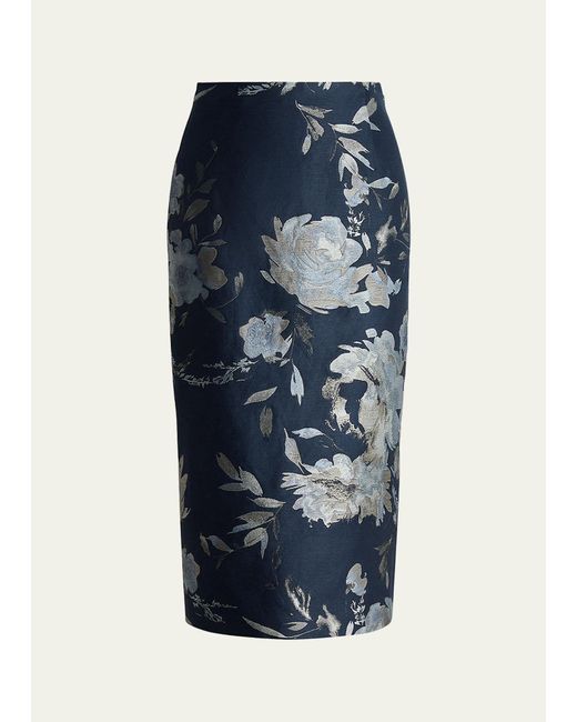 Ralph Lauren Collection Blue Whitley Floral Jacquard Pencil Skirt