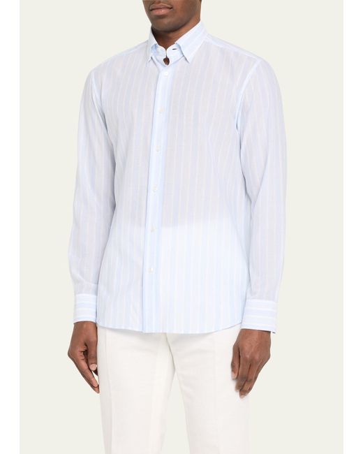 Brioni White Cotton Stripe Sport Shirt for men