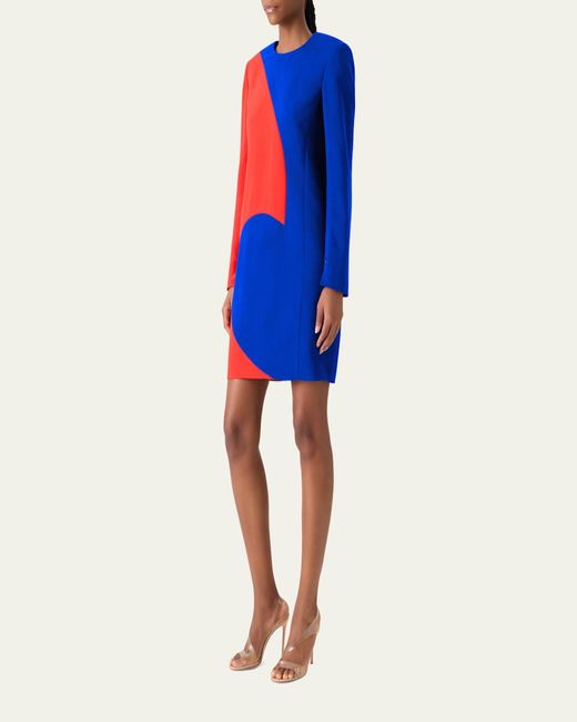 Akris Blue Vortex Patchwork Wool Long-Sleeve Mini Dress