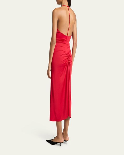 Victoria Beckham Red V-Neck Ruched Cami Midi Dress
