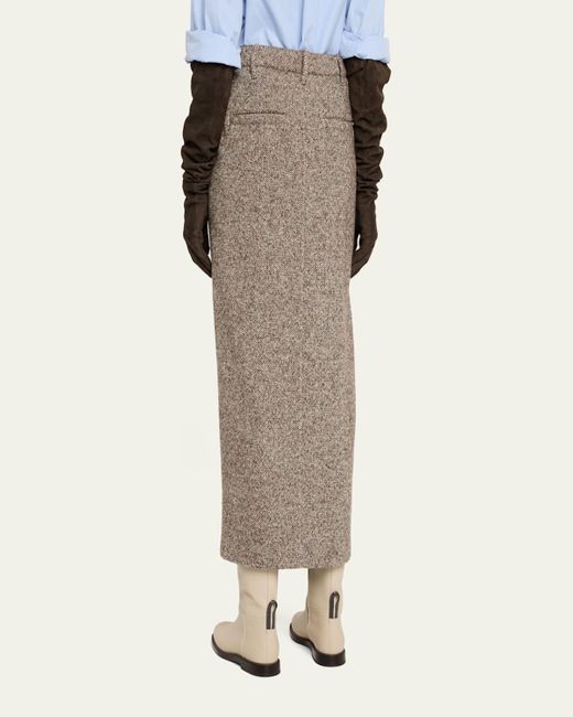 Brunello Cucinelli Natural Diagonal Wool Tweed Midi Sartorial Pencil Skirt