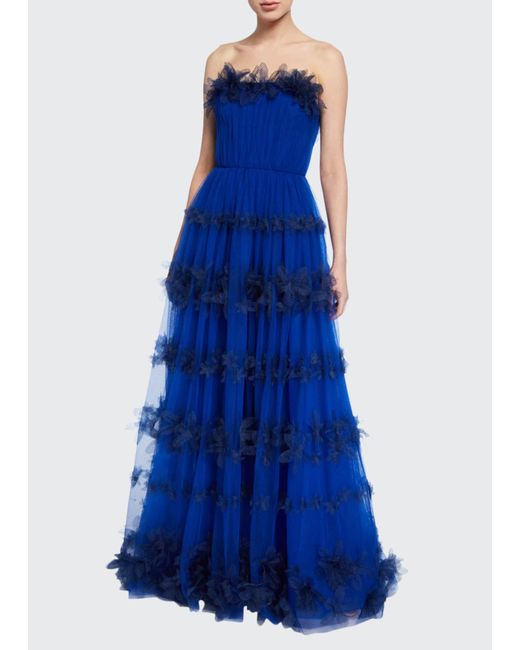 Marchesa notte Blue Strapless 3d Floral Stripe Tulle Ball Gown