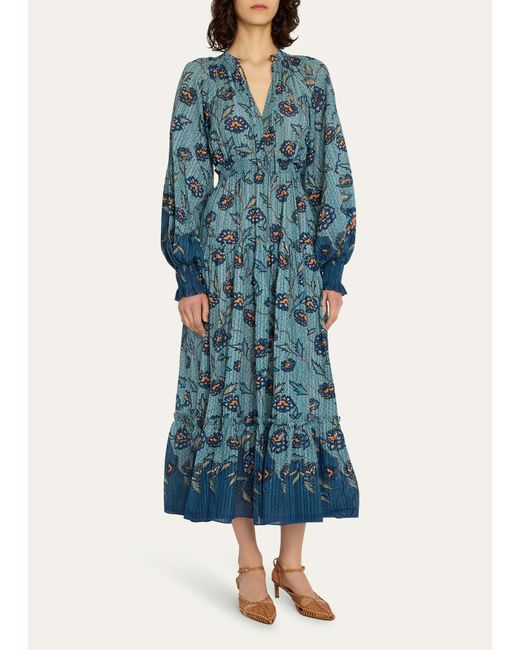 Ulla Johnson Blue Katerina Puff-sleeve Printed Midi Dress