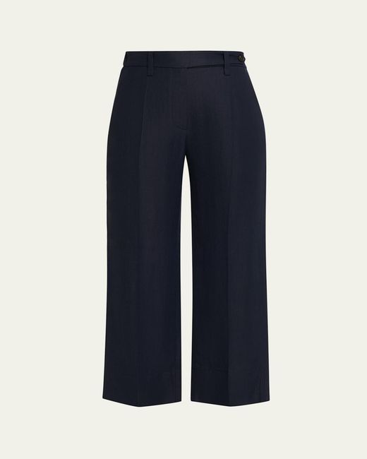 Brunello Cucinelli Women's Blue Linen Twill Wide-Leg Crop Cigarette Pants