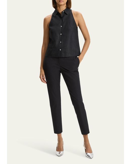Theory Black Sleeveless Linen-blend Button-front Halter Shirt