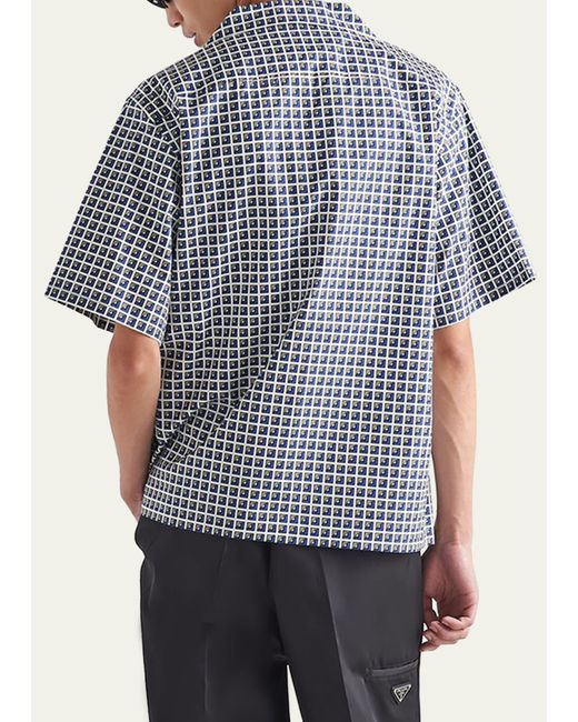 Prada Blue Geometric Poplin Camp Shirt for men