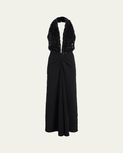 Proenza Schouler Black Moira Embroidered Compact Crepe Plunge-Neck Dress
