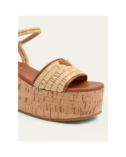 Prada Natural 75Mm Triangle Logo Raffia Platform Sandals
