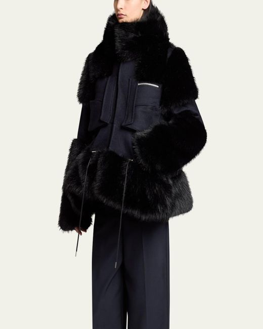 Sacai Black Faux-Fur Trim Wool Utility Jacket