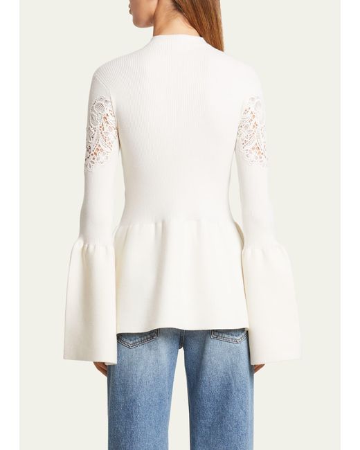Chloé Natural Lace Compact Wool Ribbed Peplum Top