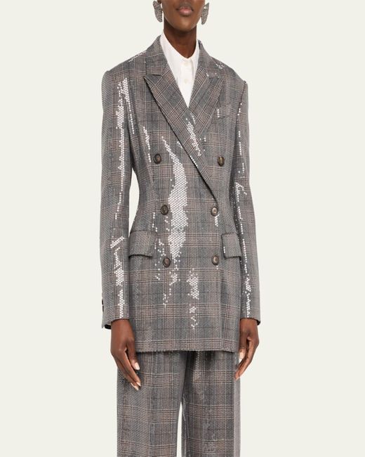 Brunello Cucinelli Gray Glam Check Sequined Double-Breasted Blazer
