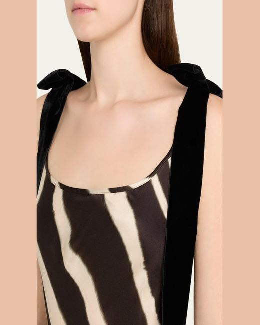 Nina Ricci White Zebra-Print Satin Bow-Shoulder Sleeveless Gown