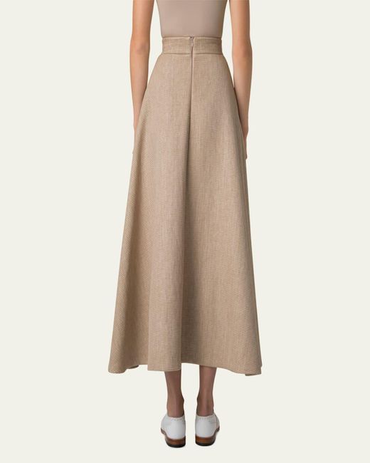 Akris Natural Flared Raffia Leather Trim Midi Skirt