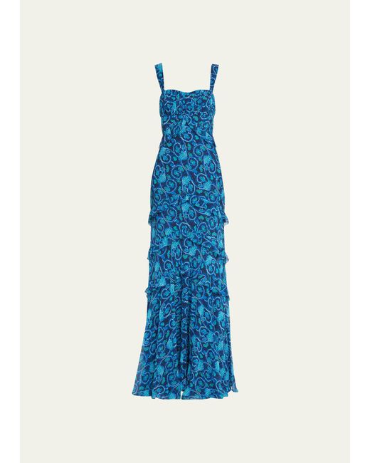 Saloni Blue Chandra Floral Ruffled Gown
