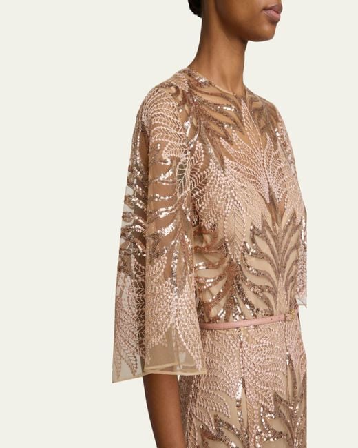 Elie Saab Natural Sequin Embroidered Tulle Midi Dress