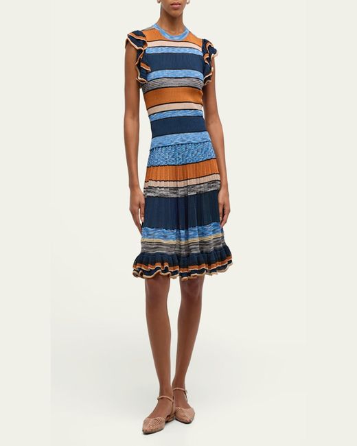 Ulla Johnson Blue Cecile Striped Ruffle Rib Knit Top