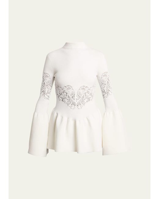 Chloé Natural Lace Compact Wool Ribbed Peplum Top