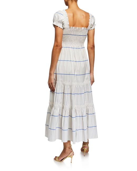 Tory Burch Cotton Striped Smocked-bodice Midi Dress in White (Blue