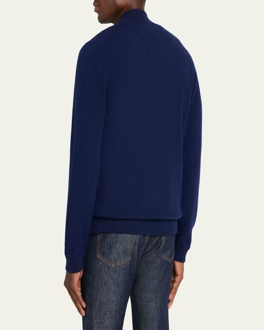 Bergdorf Goodman Blue Wool Full-Zip Baseball-Collar Sweater for men