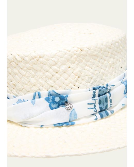 Maison Michel Natural Kiki Straw Boater Hat With Printed Scarf